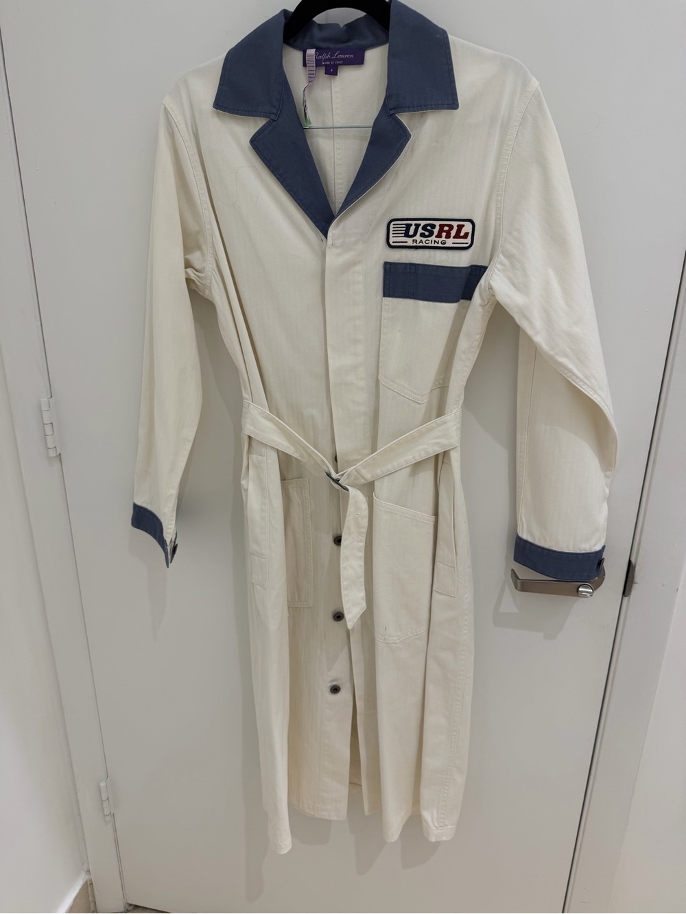 Ralph Lauren Purple Label Cream Long Belted Coat with Blue Trim “RL RACING”